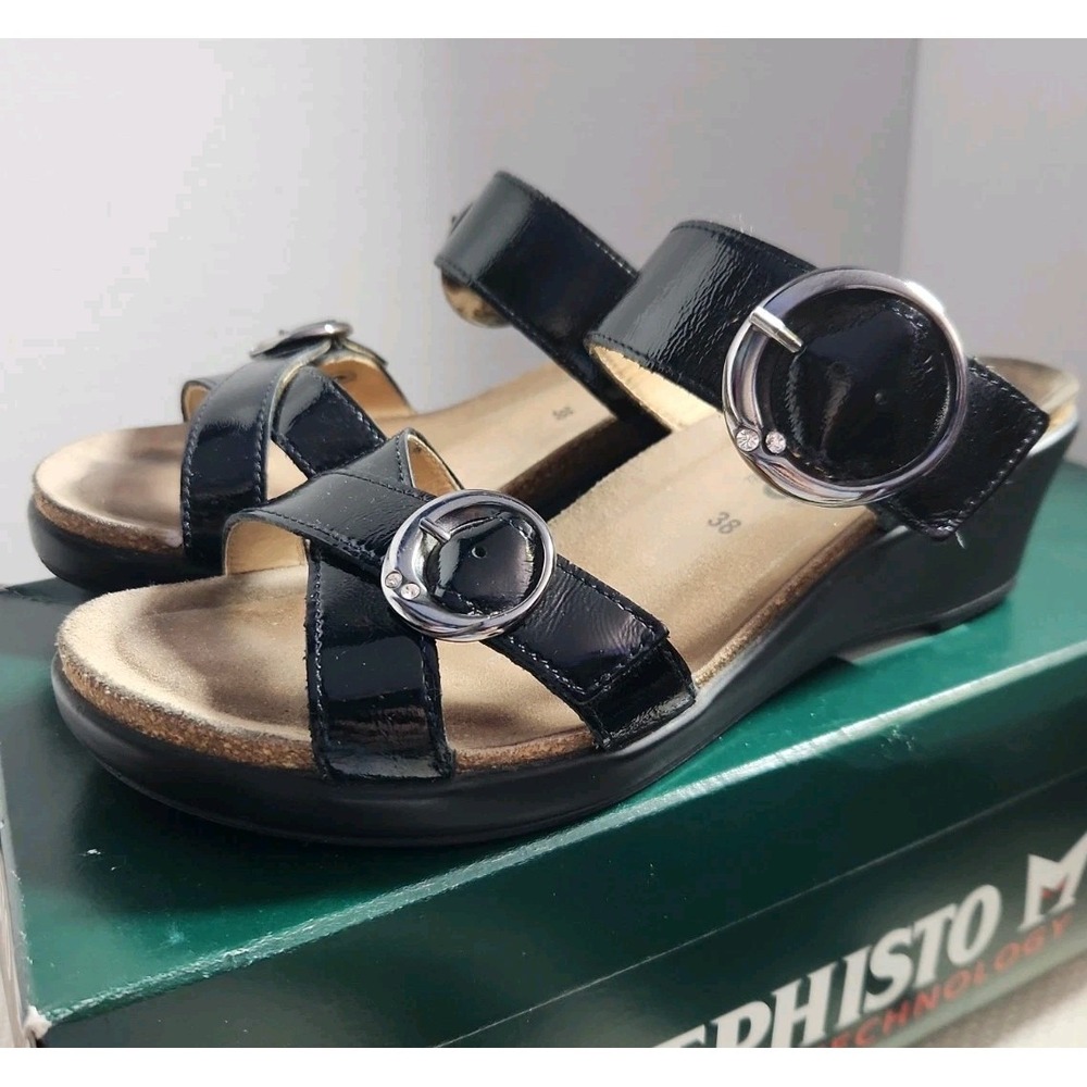 Mephisto Niran Strappy Black Patent Leather‎ Rhinestone Womens Sandals Sz 38 / 8